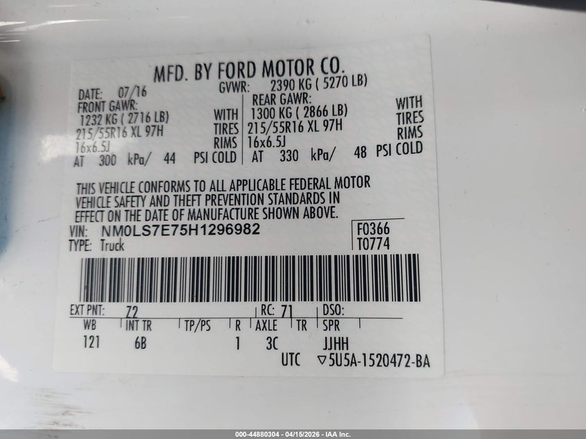 2017 Ford Transit Connect Xl VIN: NM0LS7E75H1296982 Lot: 44880304