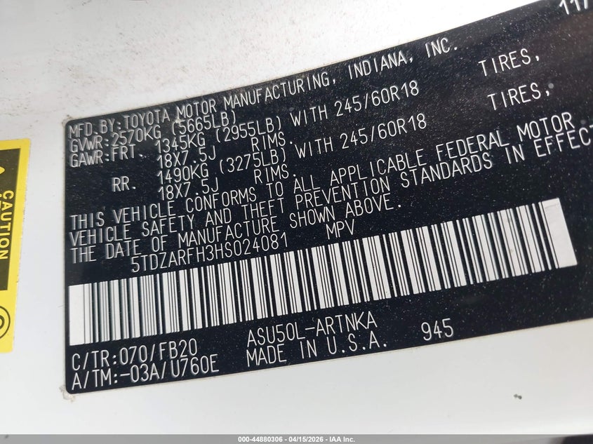 2017 Toyota Highlander Le VIN: 5TDZARFH3HS024081 Lot: 44880306