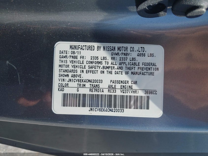2012 Infiniti G37 Journey VIN: JN1CV6EK4CM420033 Lot: 44880322
