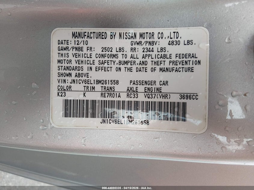 2011 Infiniti G37X VIN: JN1CV6EL1BM261558 Lot: 44880335