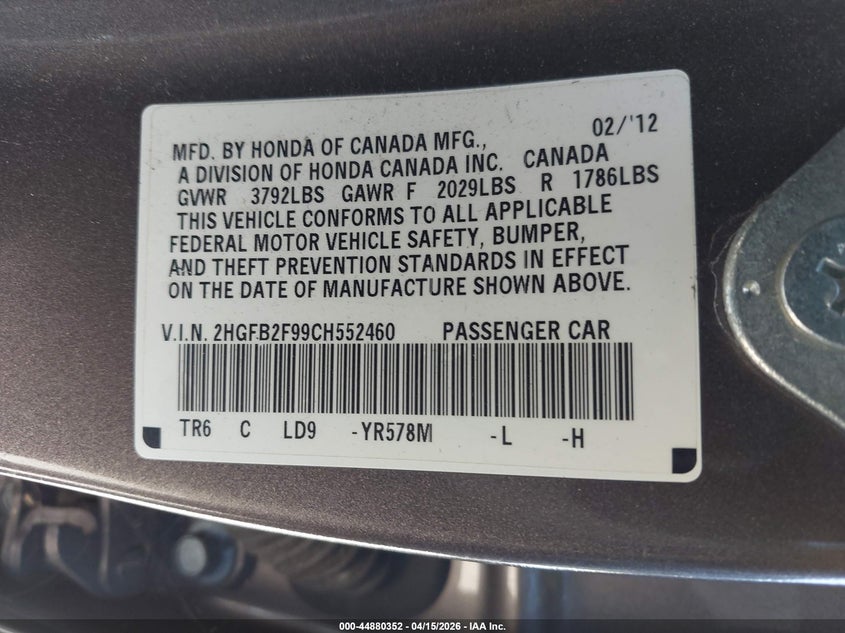 2012 Honda Civic Ex-L VIN: 2HGFB2F99CH552460 Lot: 44880352