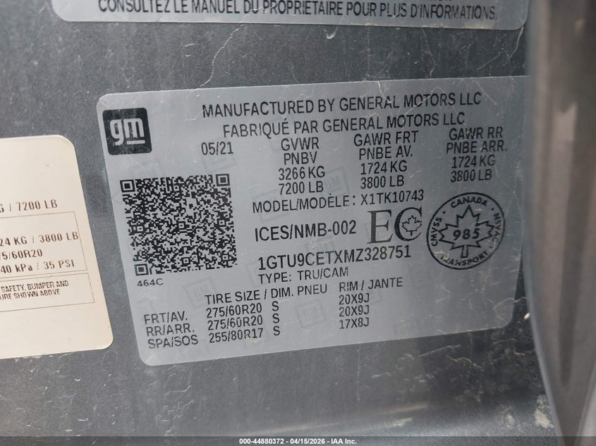 2021 GMC Sierra 1500 Elevation VIN: 1GTU9CETXMZ328751 Lot: 44880372