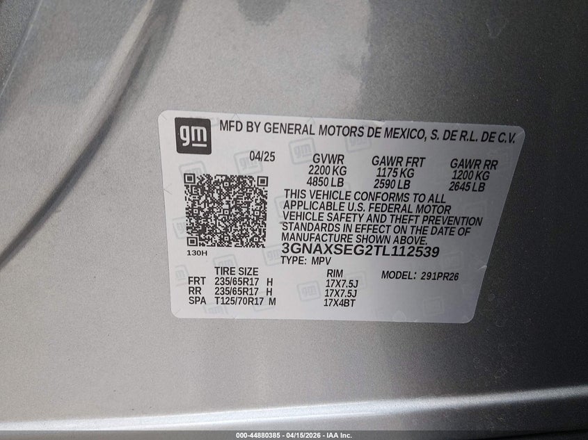 2026 Chevrolet Equinox Awd Activ VIN: 3GNAXSEG2TL112539 Lot: 44880385