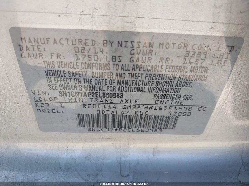 2014 Nissan Versa 1.6 S+ VIN: 3N1CN7AP2EL860983 Lot: 44880390