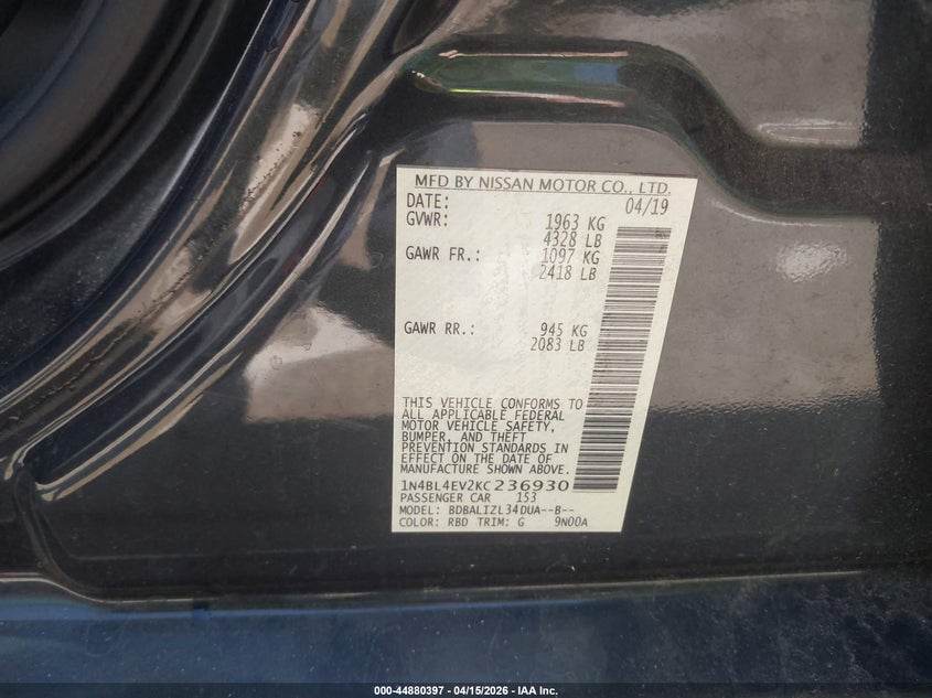 2019 Nissan Altima 2.5 Sl VIN: 1N4BL4EV2KC236930 Lot: 44880397