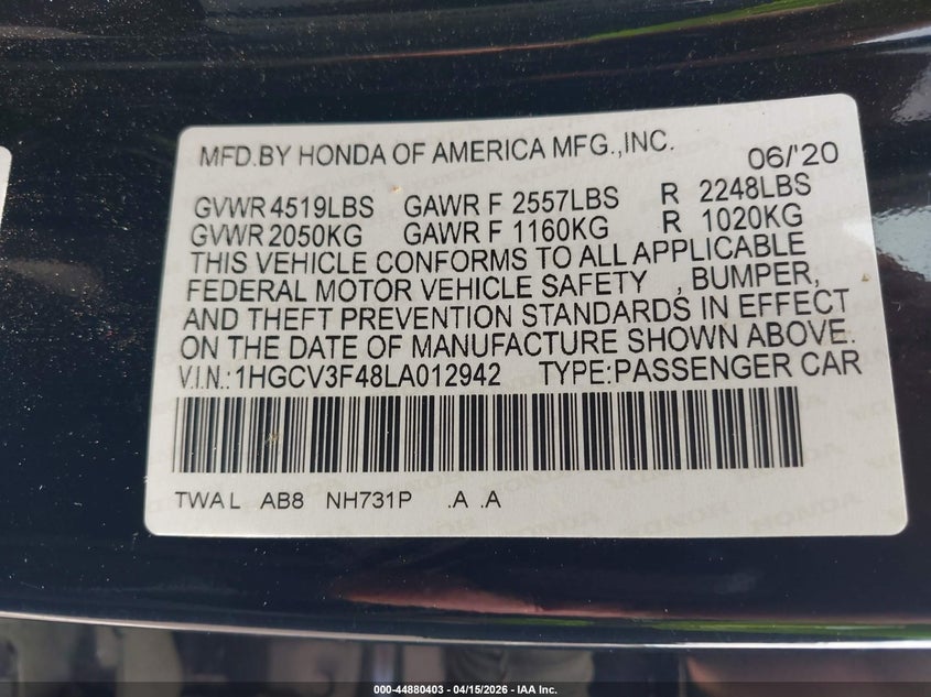2020 Honda Accord Hybrid Ex VIN: 1HGCV3F48LA012942 Lot: 44880403