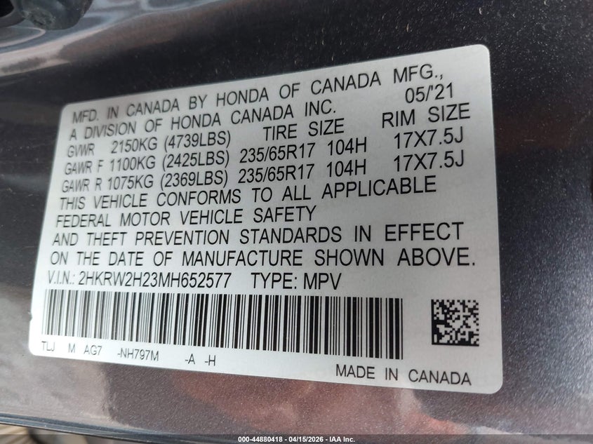 2021 Honda Cr-V Awd Lx VIN: 2HKRW2H23MH652577 Lot: 44880418