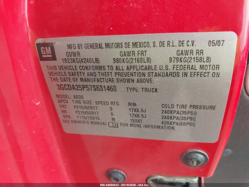 2007 Chevrolet Hhr Panel Lt VIN: 3GCDA25P57S631460 Lot: 44880433