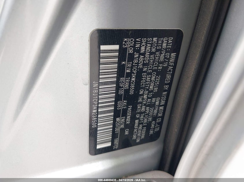 2019 Nissan Rogue Sport Sv VIN: JN1BJ1CP3KW238500 Lot: 44880435