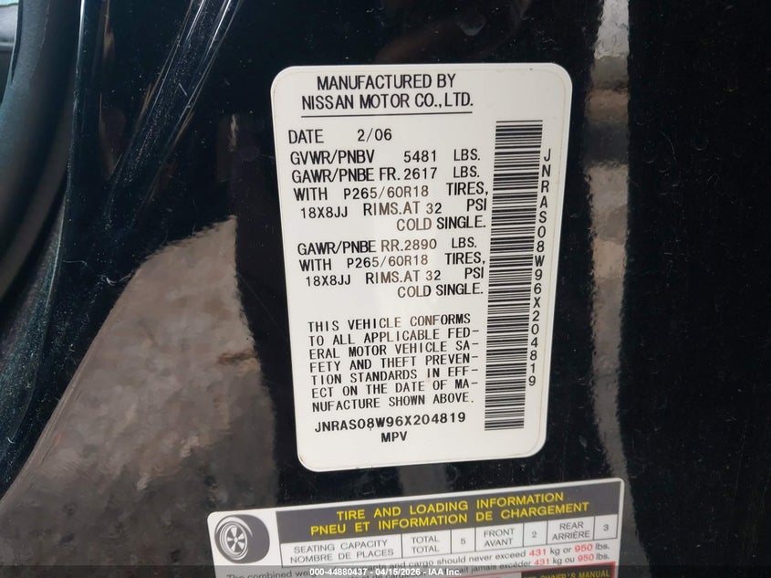 2006 Infiniti Fx35 VIN: JNRAS08W96X204819 Lot: 44880437