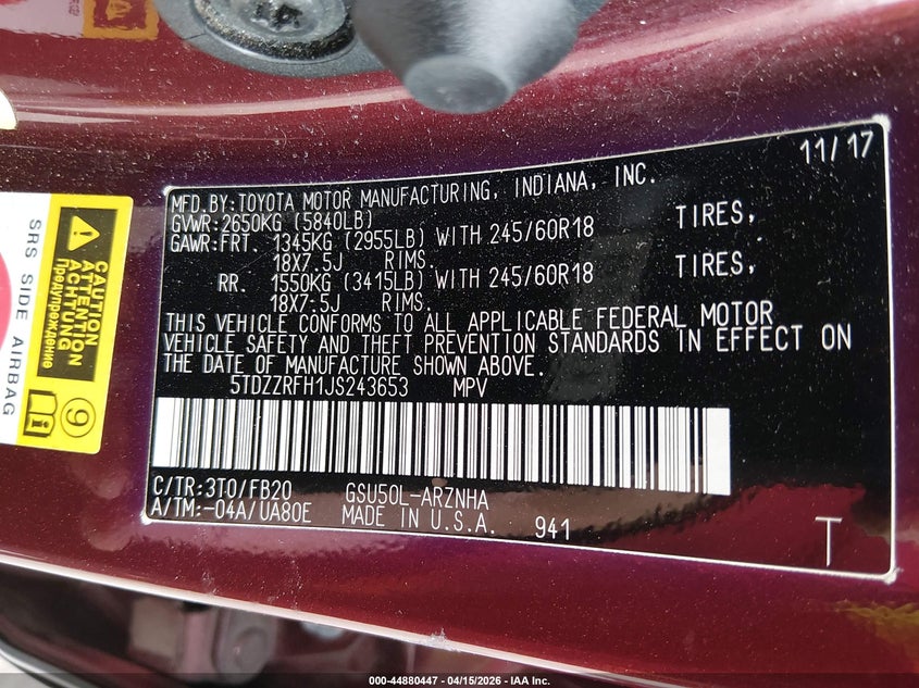 2018 Toyota Highlander Le VIN: 5TDZZRFH1JS243653 Lot: 44880447