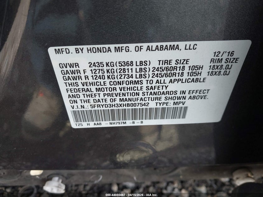 2017 Acura Mdx VIN: 5FRYD3H3XHB007542 Lot: 44880467