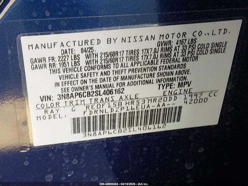 2025 Nissan Kicks Sv Intelligent Awd VIN: 3N8AP6CB2SL406162 Lot: 44880484