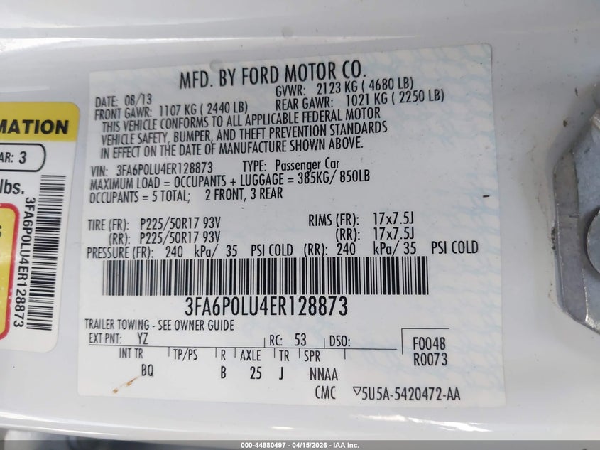 2014 Ford Fusion Hybrid Se VIN: 3FA6P0LU4ER128873 Lot: 44880497