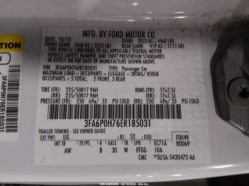 2014 Ford Fusion Se VIN: 3FA6P0H76ER185031 Lot: 44880498