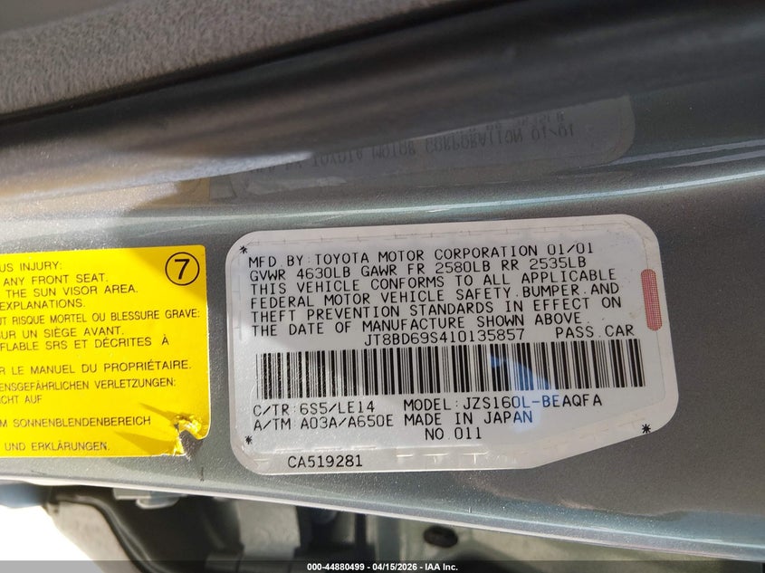 2001 Lexus Gs 300 VIN: JT8BD69S410135857 Lot: 44880499
