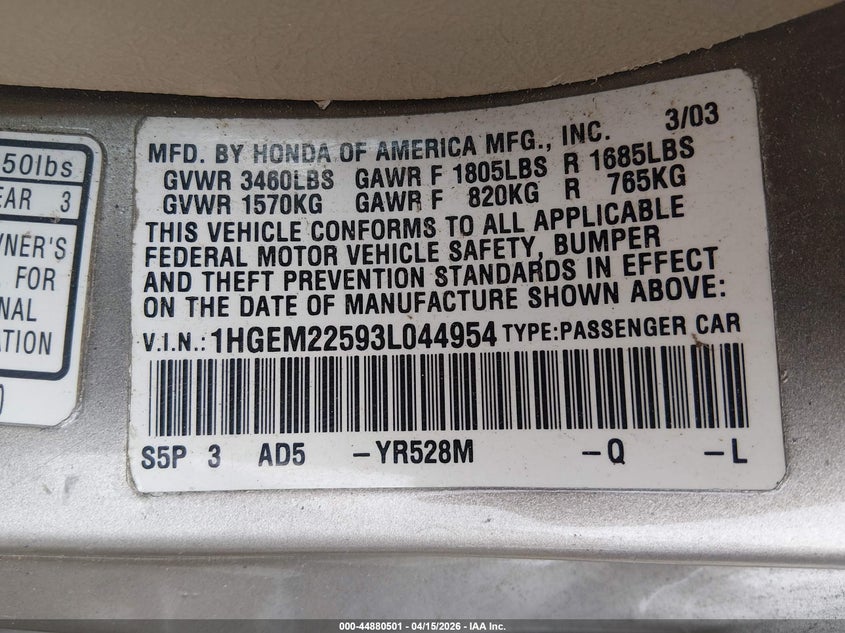 2003 Honda Civic Lx VIN: 1HGEM22593L044954 Lot: 44880501