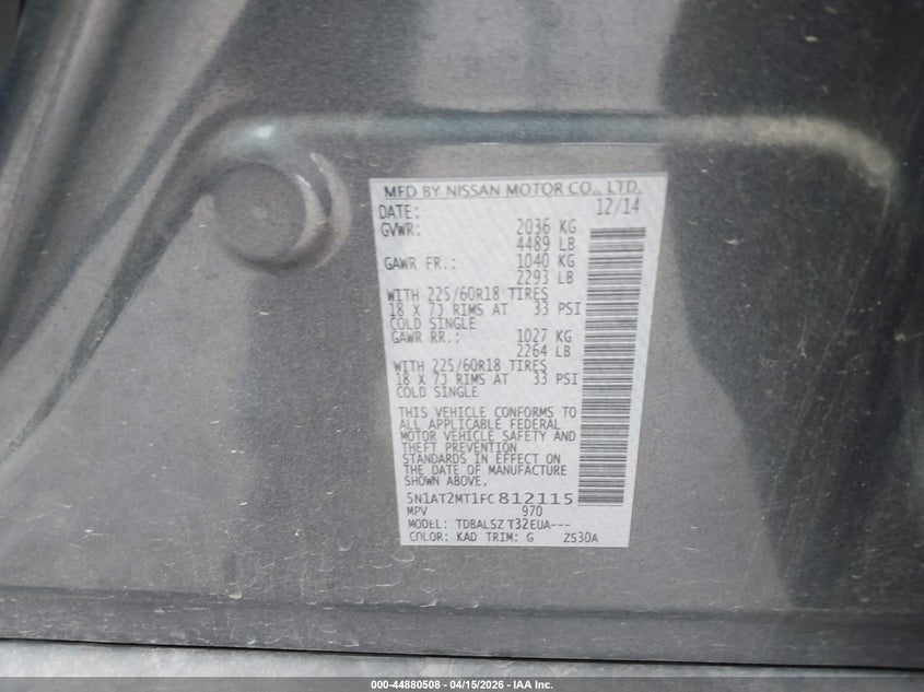 2015 Nissan Rogue Sl VIN: 5N1AT2MT1FC812115 Lot: 44880508