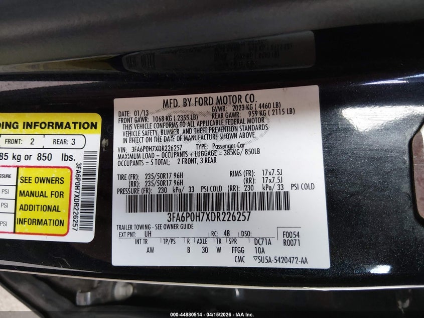 2013 Ford Fusion Se VIN: 3FA6P0H7XDR226257 Lot: 44880514