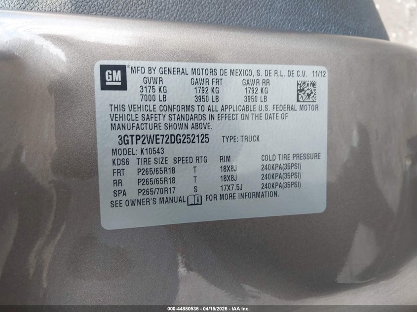 2013 GMC Sierra 1500 Slt VIN: 3GTP2WE72DG252125 Lot: 44880536