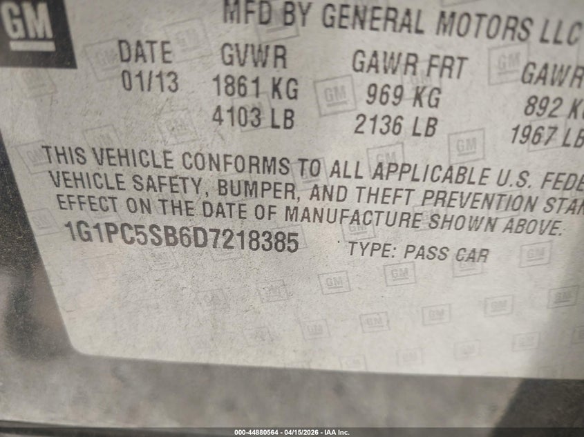 2013 Chevrolet Cruze 1Lt Auto VIN: 1G1PC5SB6D7218385 Lot: 44880564