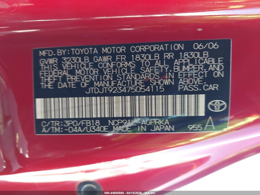 2007 Toyota Yaris VIN: JTDJT923475054115 Lot: 44880566