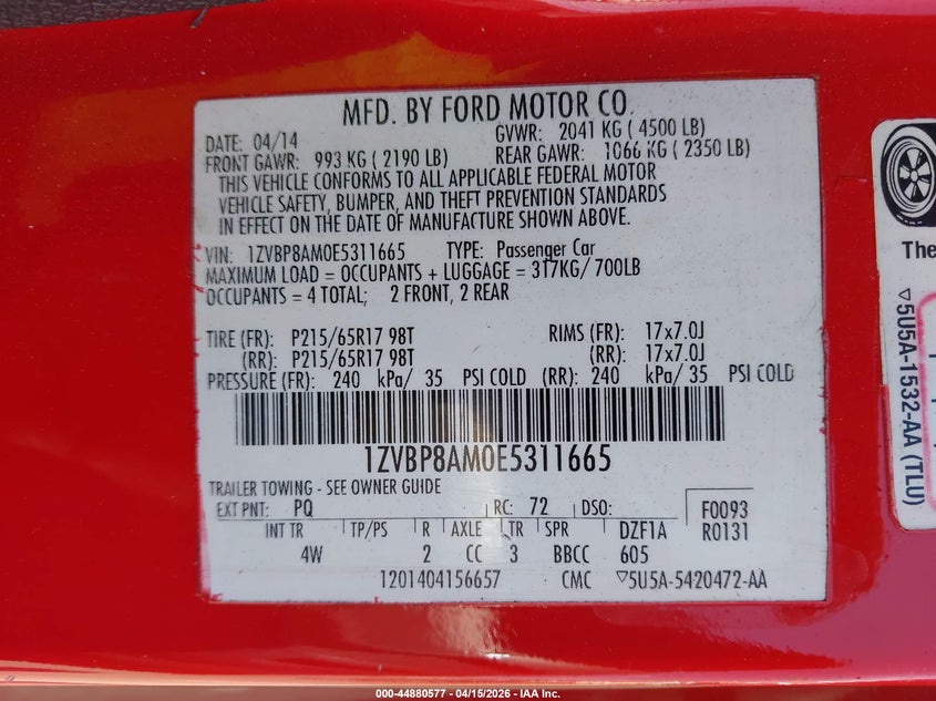 2014 Ford Mustang V6 Premium VIN: 1ZVBP8AM0E5311665 Lot: 44880577