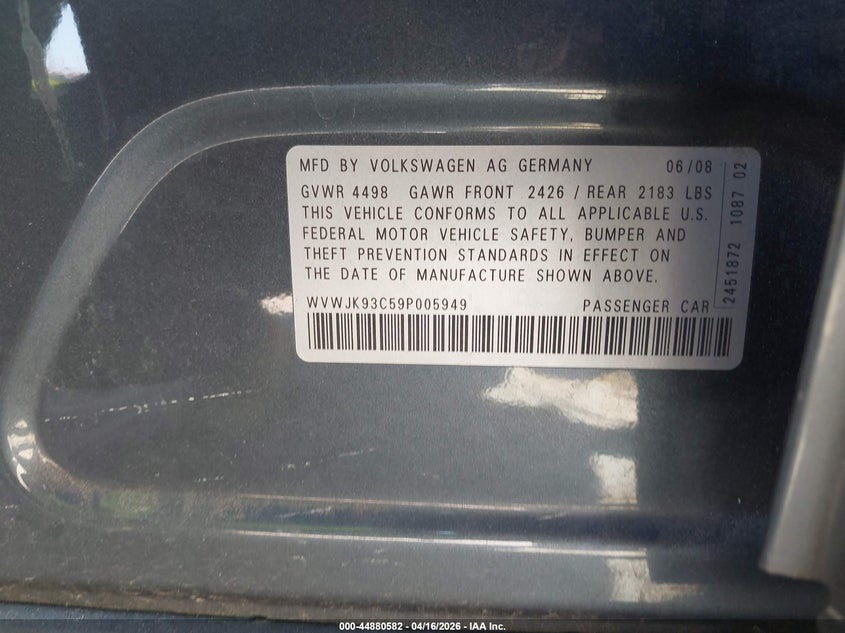 2009 Volkswagen Passat Komfort VIN: WVWJK93C59P005949 Lot: 44880582