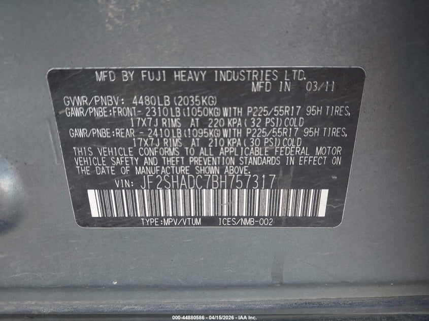 2011 Subaru Forester 2.5X Premium VIN: JF2SHADC7BH757317 Lot: 44880586