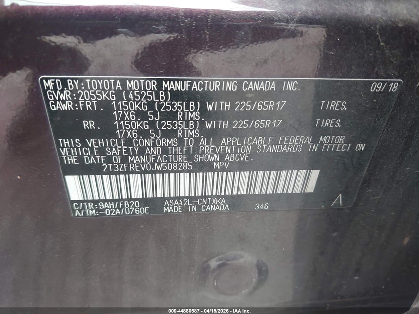 2018 Toyota Rav4 Le VIN: 2T3ZFREV0JW508285 Lot: 44880587