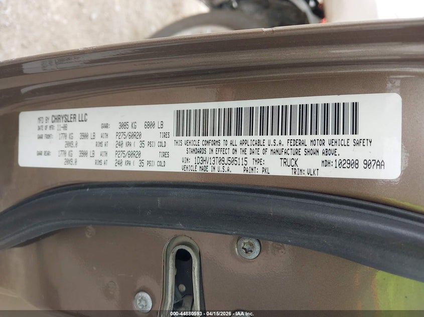 2009 Dodge Ram 1500 Laramie VIN: 1D3HV13T09J505115 Lot: 44880593