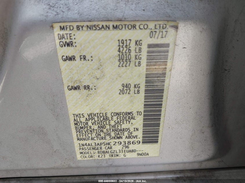 2017 Nissan Altima 2.5 S VIN: 1N4AL3AP5HC293869 Lot: 44880603