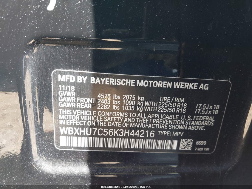 2019 BMW X1 Sdrive28I VIN: WBXHU7C56K3H44216 Lot: 44880616