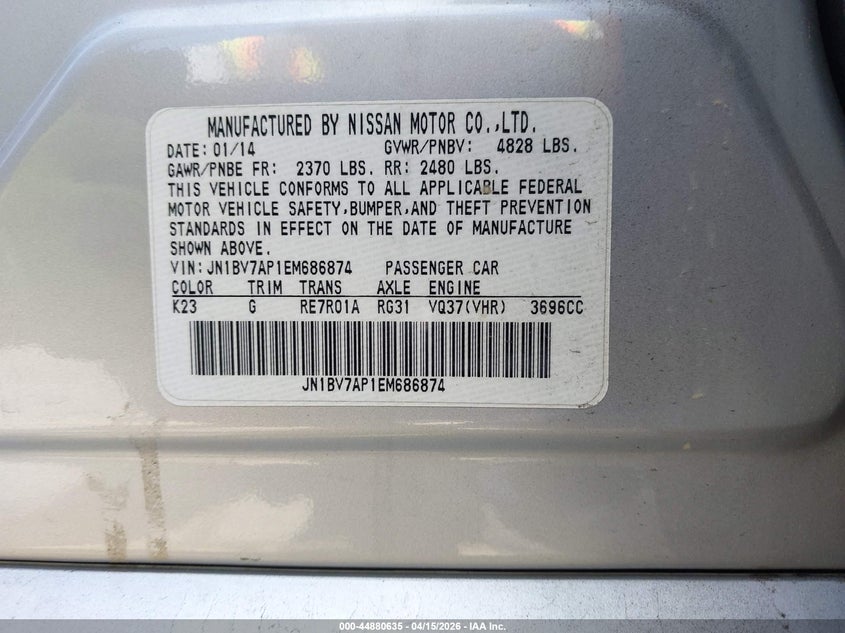 2014 Infiniti Q50 Premium VIN: JN1BV7AP1EM686874 Lot: 44880635