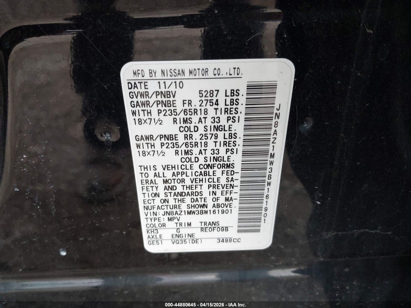 2011 Nissan Murano Sl VIN: JN8AZ1MW3BW161901 Lot: 44880645