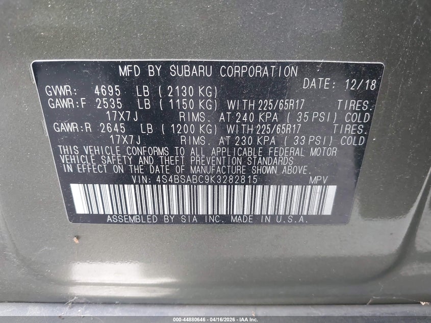2019 Subaru Outback 2.5 2.5i Green Lot 111044880646 Vin 4S4BSABC9K3282815