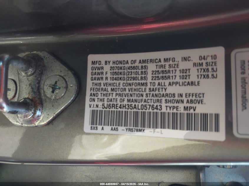 2010 Honda Cr-V Lx VIN: 5J6RE4H35AL057643 Lot: 44880657