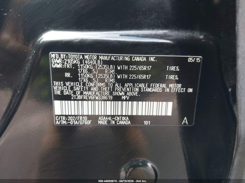 2015 Toyota Rav4 Le VIN: 2T3BFREV6FW338619 Lot: 44880675