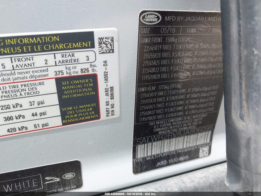 2018 Land Rover Range Rover Sport Hse VIN: SALWR2RV8JA806098 Lot: 44880685