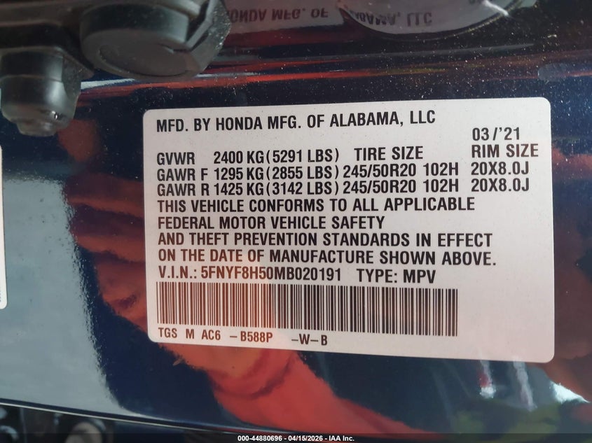 2021 Honda Passport Awd Ex-L VIN: 5FNYF8H50MB020191 Lot: 44880696