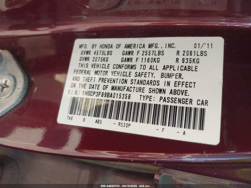 2011 Honda Accord 3.5 Ex-L VIN: 1HGCP3F89BA015358 Lot: 44880703