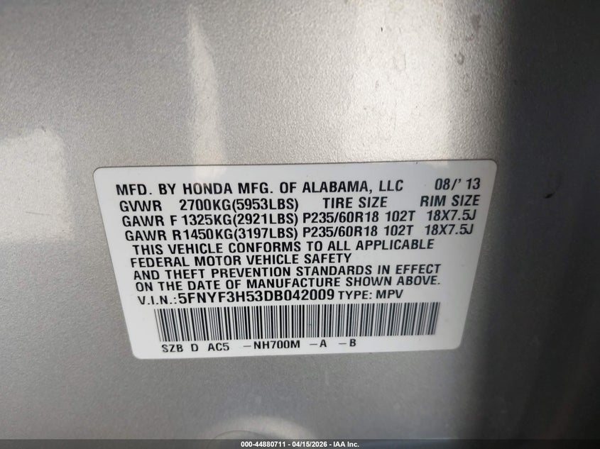 2013 Honda Pilot Ex-L VIN: 5FNYF3H53DB042009 Lot: 44880711