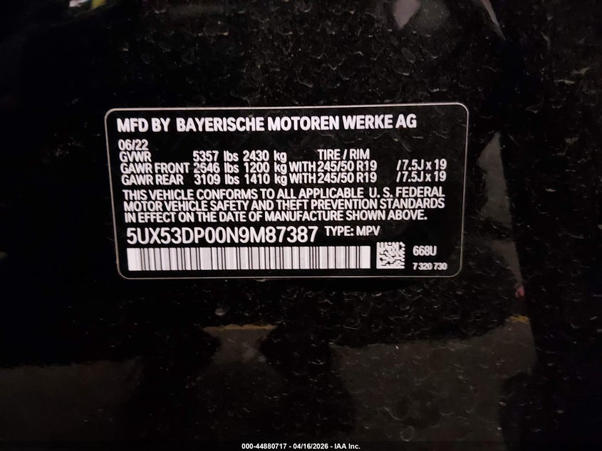 2022 BMW X3 SPORT UTILITY VEHICLE 2.0L I-4 DI, DOHC, VVT, TURBO, 248HP