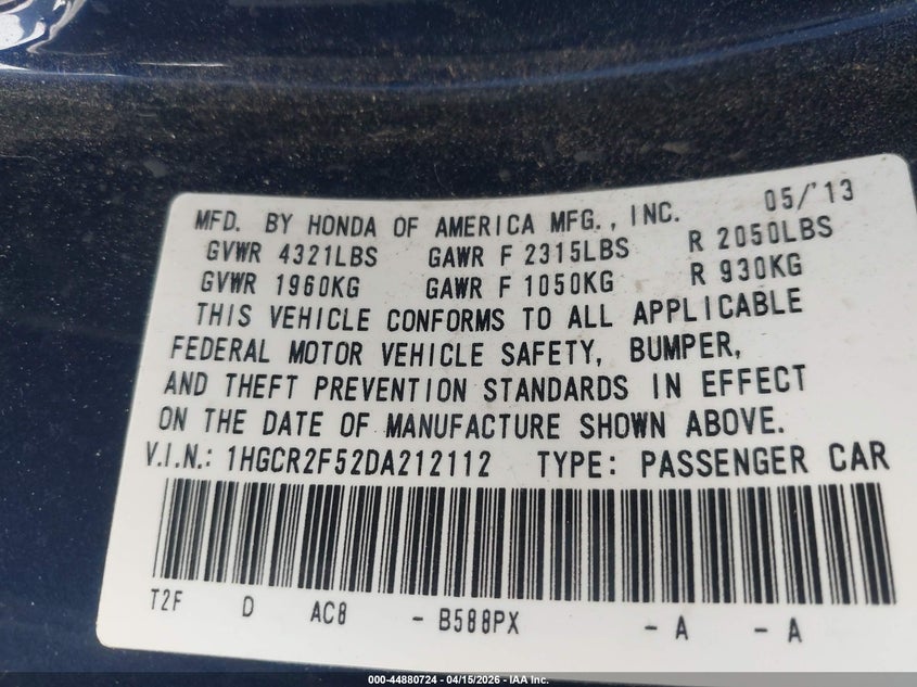 2013 Honda Accord Sport VIN: 1HGCR2F52DA212112 Lot: 44880724