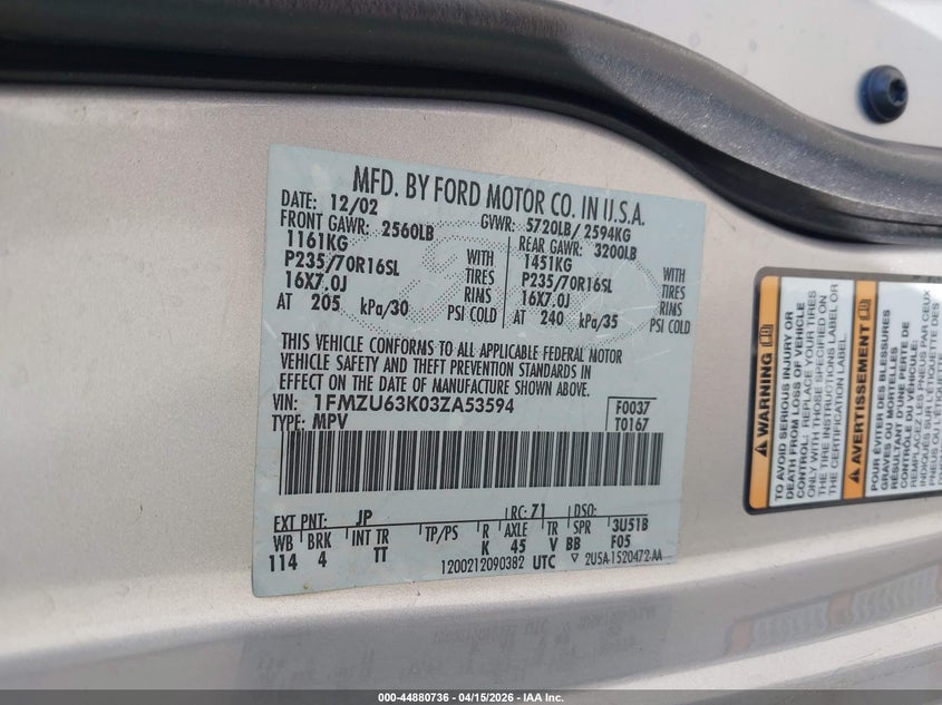 2003 Ford Explorer Nbx/Xlt VIN: 1FMZU63K03ZA53594 Lot: 44880736