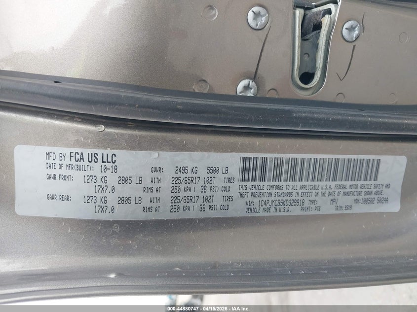 2019 Jeep Cherokee Latitude 4X4 VIN: 1C4PJMCB5KD329918 Lot: 44880747