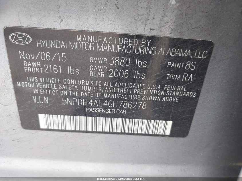 2016 Hyundai Elantra Se VIN: 5NPDH4AE4GH786278 Lot: 44880749