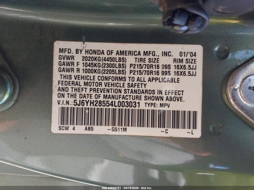 2004 Honda Element Ex VIN: 5J6YH28554L003031 Lot: 44880751
