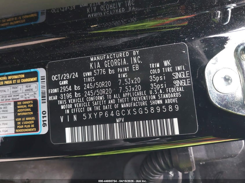 2025 Kia Telluride S VIN: 5XYP64GCXSG589589 Lot: 44880754