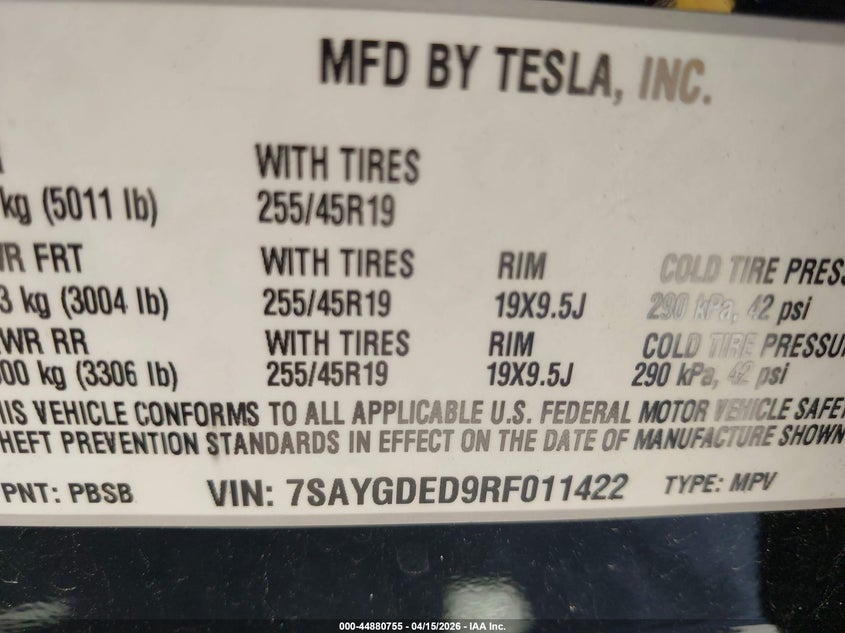 2024 Tesla Model Y Long Range Single Motor Rear-Wheel Drive/Rwd VIN: 7SAYGDED9RF011422 Lot: 44880755